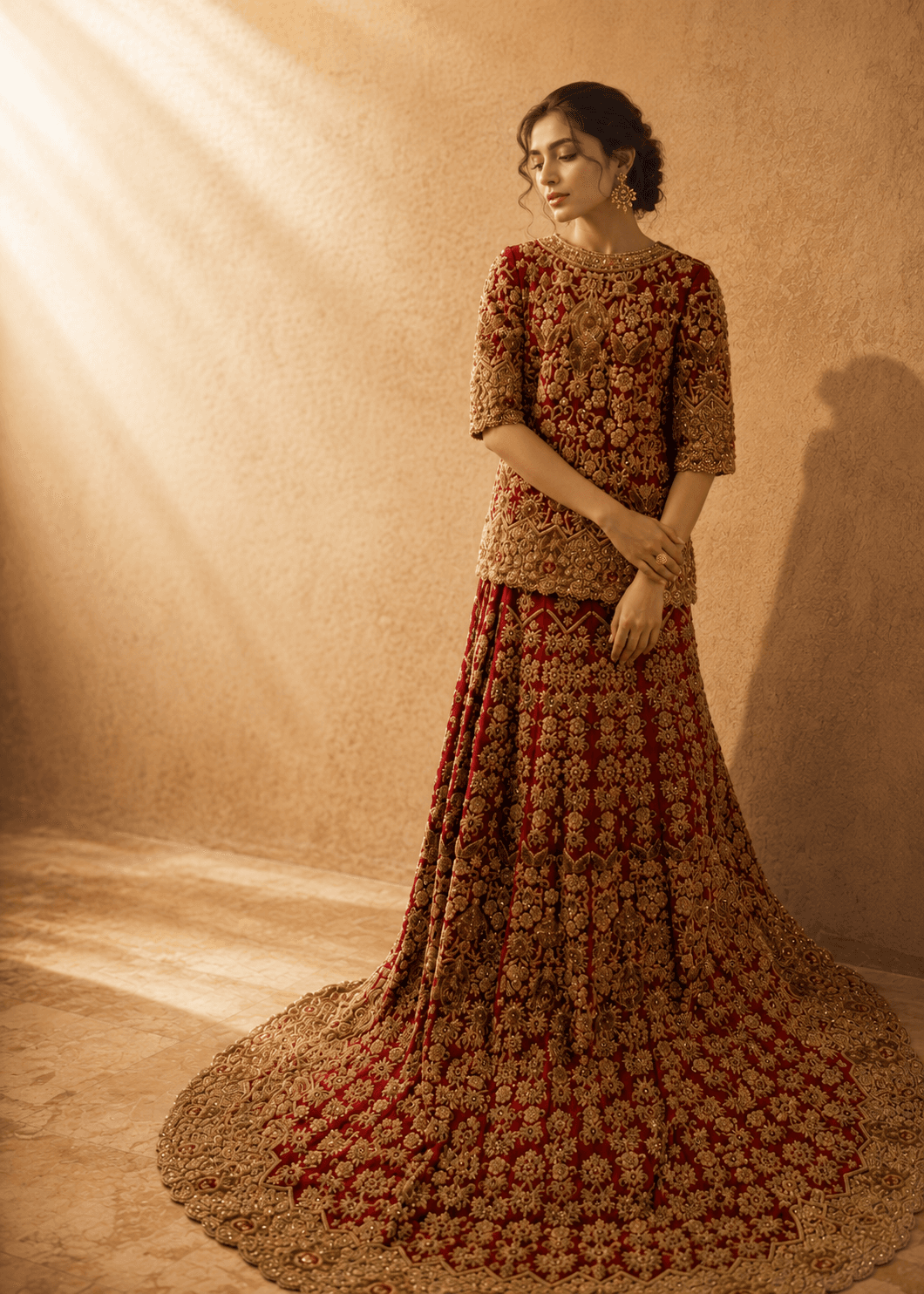 A red and gold bridal lehenga with full zardozi embroidery and a back tail, from the Chand Bridals atelier